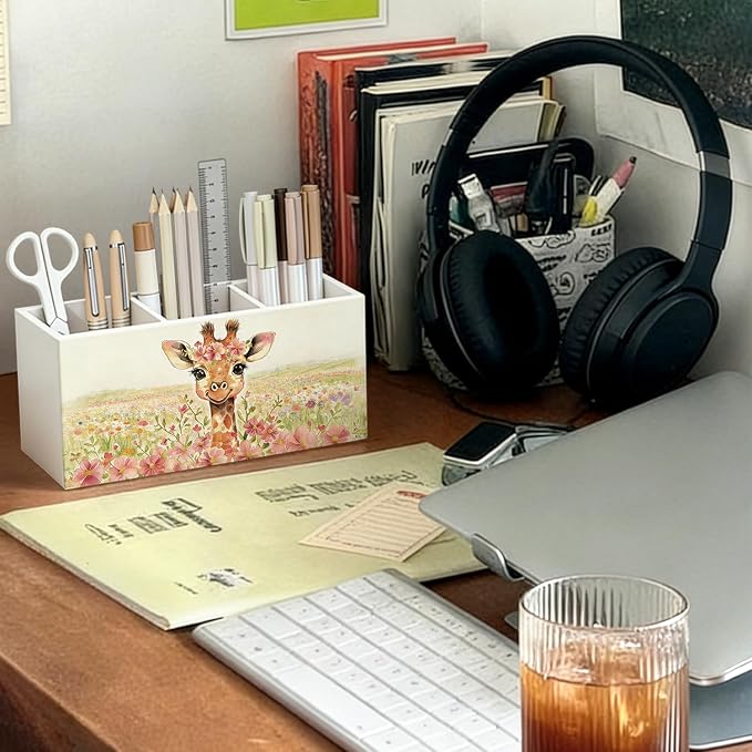 Giraffe Cottagecore Flower Pen Pencil Holder for Desk, Giraffe Gifts for Women, Animal Lovers Gifts Wooden Box Sign Decorations for Girls Room Bedroom Home Office Desk Tabletop