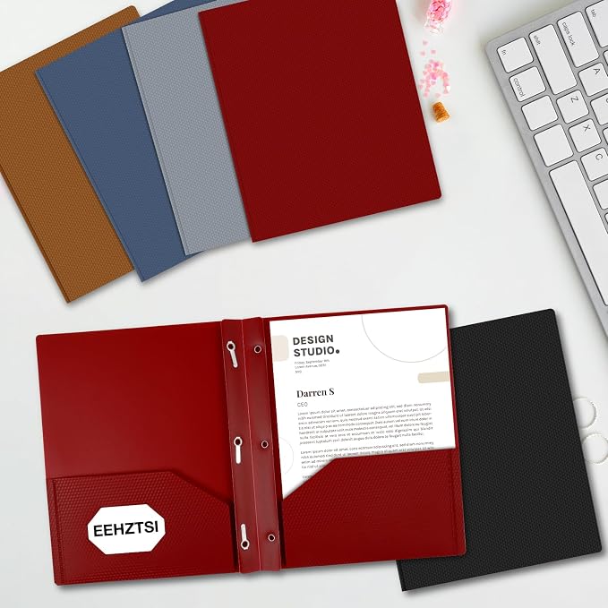 12-Pack Plastic Folders with Pockets and Prongs, 2-Pocket Folders with 3 Fasteners, Holds 8-1/2" x 11" Paper for School/Office/Home