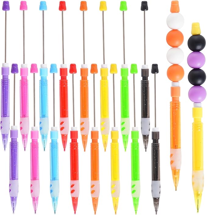 16 Pcs Beadable Pencils, Beadable Mini Mechanical Pencil, Beadable Stylus Pencils with Silicone Hand Guard for Writing Drawing Sketching DIY Crafting (8 Colors)