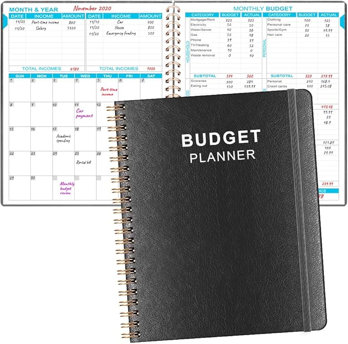 Budget Planner - 8" x 9.5" Monthly Budget Book with Expense Tracker Notebook, 2026 Budgeting Book and Financial Planner to Control Your Money. Large Size, PU Leather, Black