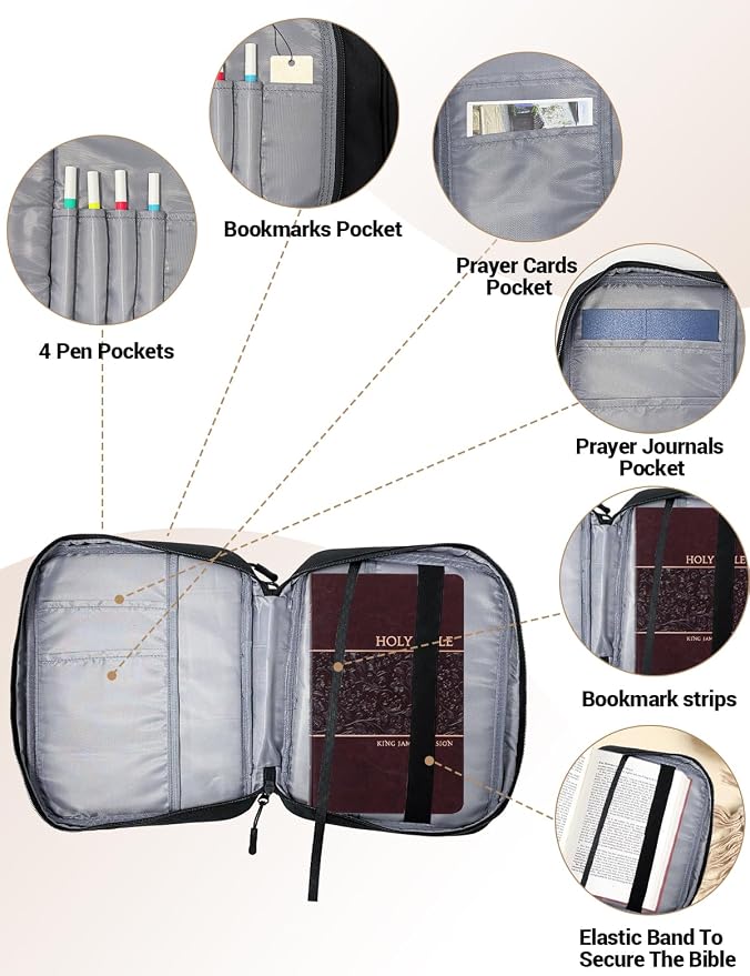 Black Bible Cover Case for Men,Church Study Book Bible Bag, Bible Carrying Bag with Pockets for Bible Accessories, Bible Case with Zipper Christian Gifts fits Bible Size Up to 9.5"x8"x2"
