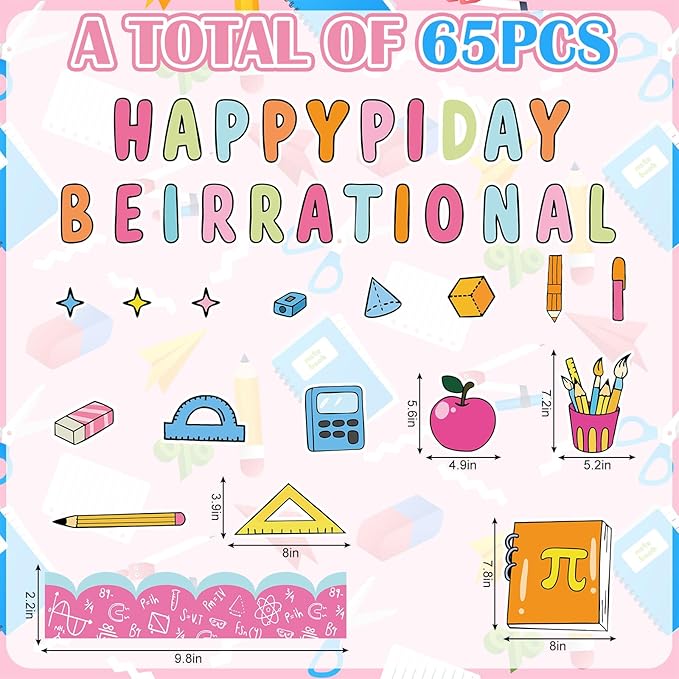 AnyDesign 65 Pcs Happy Pi Day Bulletin Board Decoration Math Pi Symbol Be Irrational Paper Cutouts with 150 Pcs Glue Points for Back to School Party Classroom Wall Decor