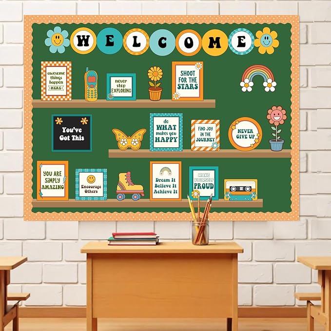 Welcome Back to School Bulletin Board Decorations, Hippie Retro Classroom Decorations Motivational Bookshelf Cutouts Groovy Bulletin Board Set for Classroom School Office Door Wall Decor