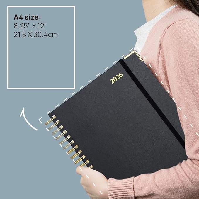 POPRUN 2026 Daily Planner One Page A Day - [A4 Large Size 8.25" x 12" -Spiral Hard Cover], Agenda 2026 Hourly Appointment Book with Monthly Calendar, Pen Holder, Ivory Paper -Pacific Green