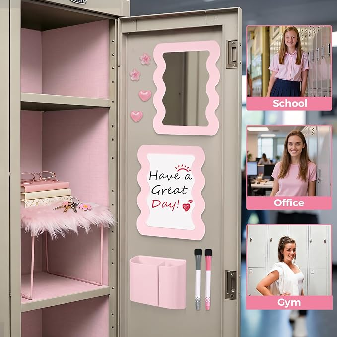 SKYDUE Locker Accessories Kit for Girls - Includes Locker Shelf, Rug, Wallpaper, Magnetic Mirror, Whiteboard, Pen Holder, Magnets, Stickers, Hooks, Pink Locker Decor & Organizer Set, 15 Piece