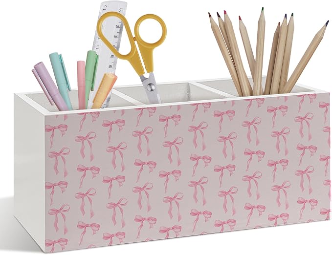 Pink Coquette Bow Pen Pencil Holder, Pink Bow Classroom Decor, Preppy Coquette Aesthetic Wooden Pen Pencil Organizer for Girly Girls Room Dorm Bedroom Playroom Office Desk Decor