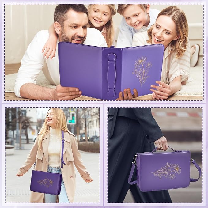 19PCS Floral Purple Leather Bible Cover for Women Bible Cover Cases for Teen Girls Christmas Gift Christian Church Carrying Bag Journaling Kit with Shoulder Strap Highlighter Pens & Book Marker