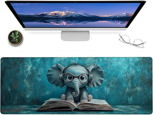 Cute Elephant Gaming Mouse Pad – 12x31.5in Large Extended Desk Mat with Reading a Book Design – Non-Slip Rubber Mousepad for Office Home – Deskmat Gifts for Library Lovers Decor
