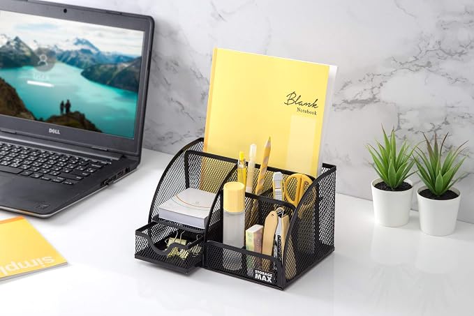 Desk Organizer with Drawer, Desktop Wire Mesh Sorter with 6 Compartments for Pens, Pencils and Letters. Black