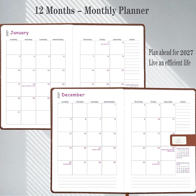 2027 Daily Planner – One Page Per Day, 12-Month Calendar (Jan–Dec 2027), Hourly Appointment Book, 5.7" x 8.26" Leather Cover, Thick Paper – Hourly, Daily & Monthly Organizer (Black)