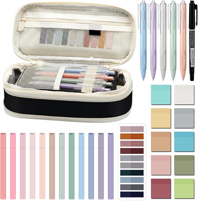 Jutom 39 Pcs Aesthetic Book Annotation Kit Highlighter with Pencil Case Bag Gel Pen Transparent Sticky Note Taking Bible Study College School Supplies(Black,Cute Style)