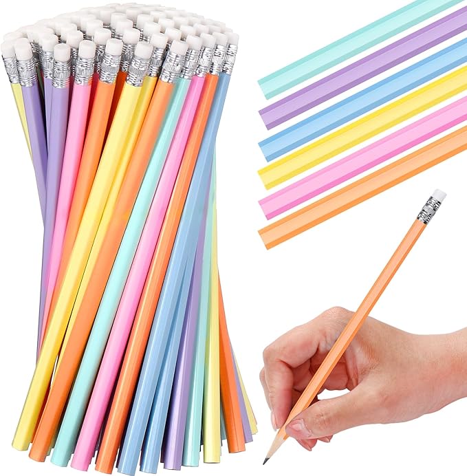 TecUnite 60 Pcs HB Pencils #2 Unsharpened Wood Cased Pencils with Eraser Hexagonal Pencil Cute Graphite No 2 Pen for Adults Gifts Exam School Office Sketching Learning(Macaron Color, Silver)