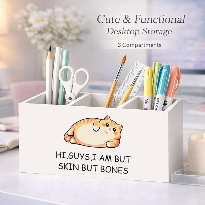 Funny Cat Pen Holder, Inch Desk Organizer, “Hi, Guys, I Am But Skin But Bones” Chubby Cat Illustration, Cute Desk Storage for Pens, Pencils, Scissors – Cat Lover Gift