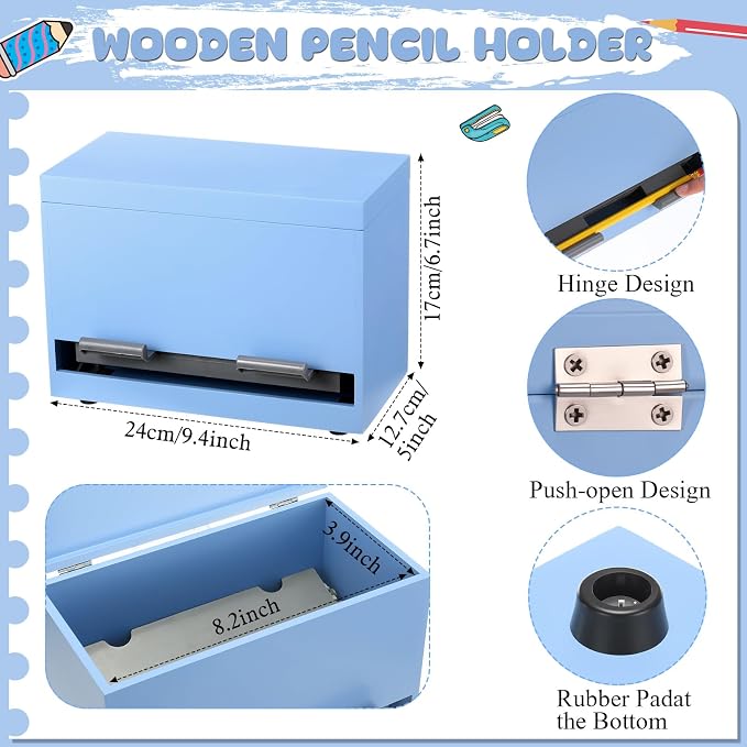 Yalikop 1 Pc Wooden Pencil Dispenser for Classroom Pastel Wood Pencils Holder for up to 200 Pencils Reusable Straw Dispenser for Home Office Teachers Supplies Storage (Classic,Blue)