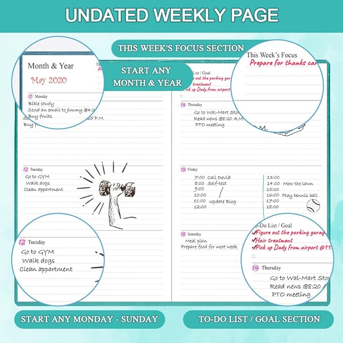 Hardcover Undated Planner for Any Year - Weekly & Monthly Planner & Journal to Track Goals, Perfect to Organize Your Daily Life, 5.85" x 8.25", Teal
