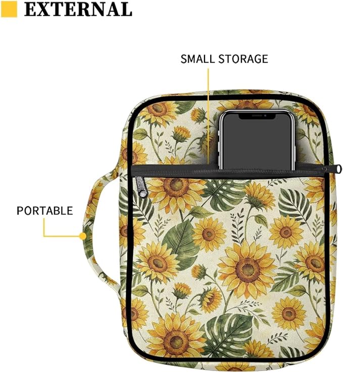 Coldinair Sunflower Palm Leaf Bible Covers Bag for Women,Cute Carrying Book Case Church Bag Bible Holder with Handle and Zippered Pocket