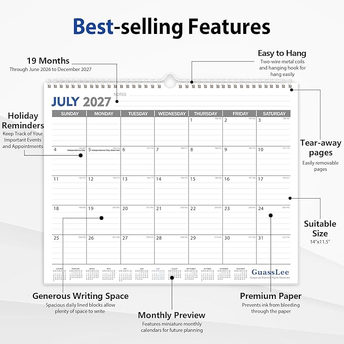 GuassLee 2026-2027 Wall Calendar - 19 Months Hanging Calendar from Jun. 2026 to Dec. 2027, 14" x 11.5", with Notes for Easy Planning School Home Office