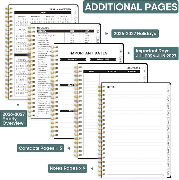 Academic Planner 2026-2027, Weekly and Monthly Calendar Book, July 2026 – June 2027, Hardcover Planner with Tabs, Perfect for Teachers, Students, Women & Men, A5 (6.4" x 8.5") - Evening Petals