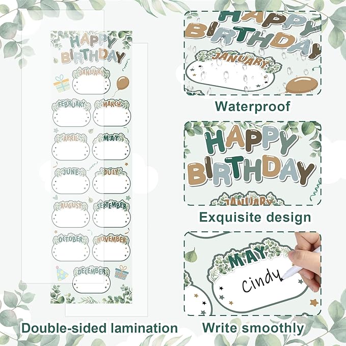 Greenery Eucalyptus Happy Birthday Poster Chart Calendars Bulletin Board Decorations Sage Green Birthday Classroom Wall Door Decor for Bulletin Boards Nursery Home Kindergarten Back to School Supplies