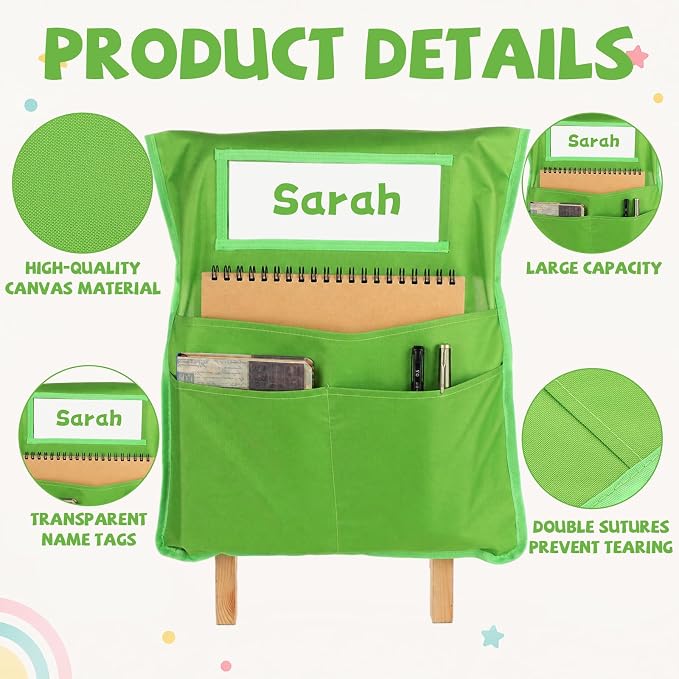 12pcs for Classroom 16.3x19.7inch Classroom Chair Pockets with Name Tag 3 Pockets Chair Organizer for Teacher Student School Office(Pastel)