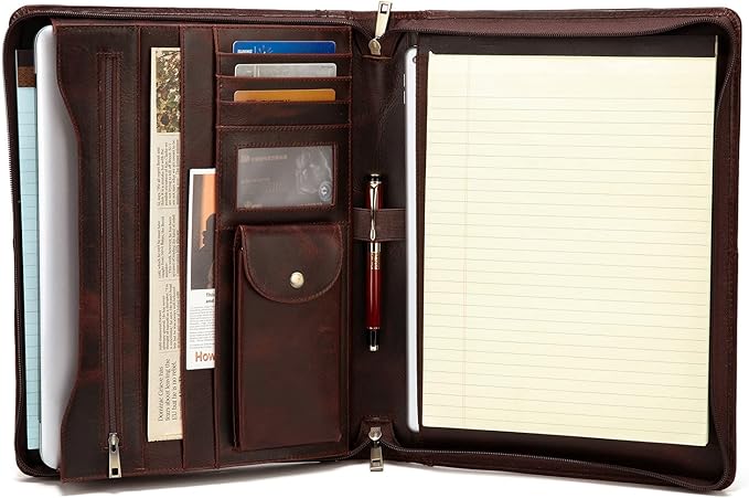 YIWEN Handmade Leather Portfolio, Zippered Padfolio Organizer Case, 8.5 x 11" Notepad Holder and 13" Tablet Folio, Professional Business Travel Gift for Women and Men (Dark Brown, Oil Wax Leather)