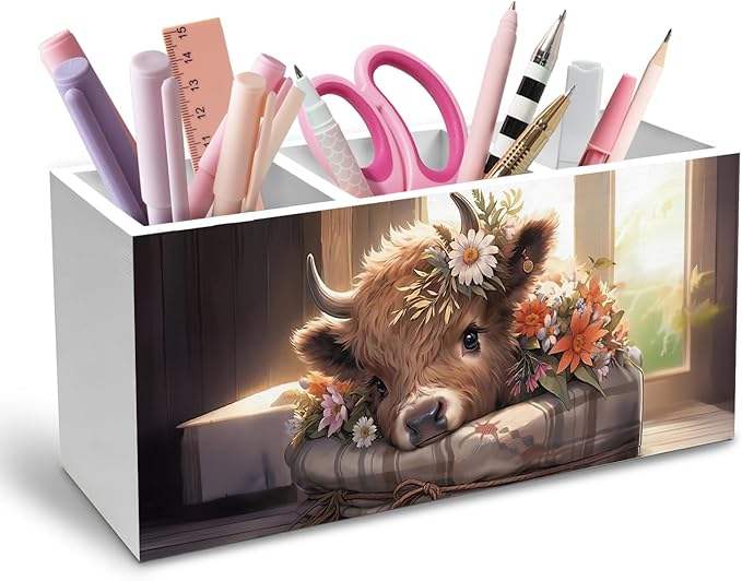 Country Highland Cow Pen Holder for Desk, Gifts for Highland Cow Lovers Pencil Organizer, Rustic Floral Botanical Heifer Wooden Box Sign Desk Decor for Office Home Decoration