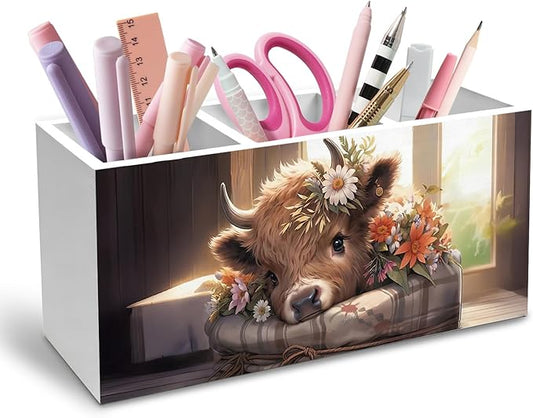 Country Highland Cow Pen Holder for Desk, Gifts for Highland Cow Lovers Pencil Organizer, Rustic Floral Botanical Heifer Wooden Box Sign Desk Decor for Office Home Decoration