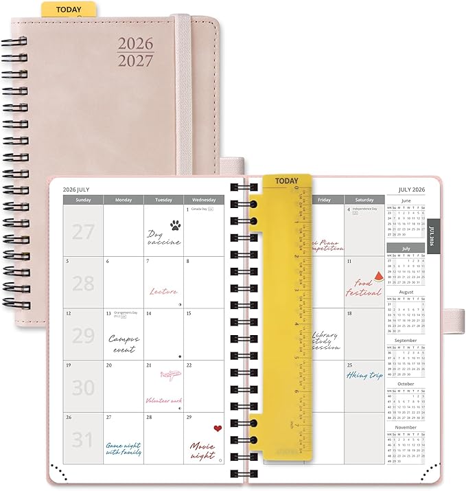 POPRUN 2026-2027 Monthly Planner, Small 4" x 6.25", 18 Month Calendar Agenda (July 2026 - December 2027) with Expense Tracker, Notes Pages, Sprial Bound, Leather Softcover - Pink