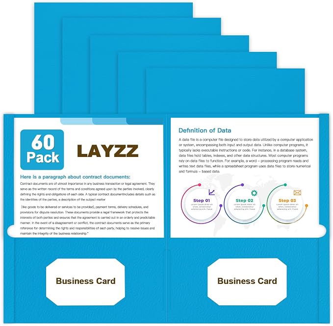 Folders with Pockets, LAYZZ 60 Pack Paper Pocket Folders, 2 Pocket File folders Fits Letter Size Paper, for School Office and Home (Light Blue)