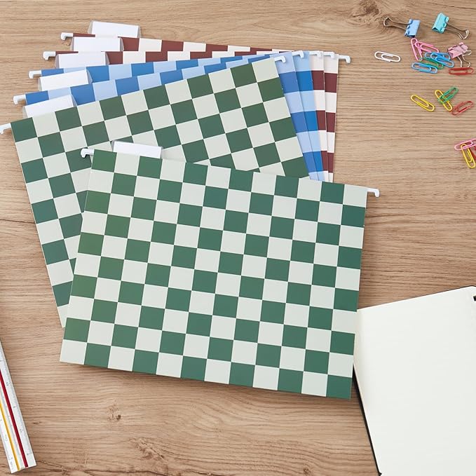 Y YOMA 6 Pack Decorative Hanging File Folders Letter Size Checkerboard Hanging Folder Pretty File Folder Organizer for Filing Cabinet Office Home with 1/5-Cut Adjustable Tabs, Classic Color