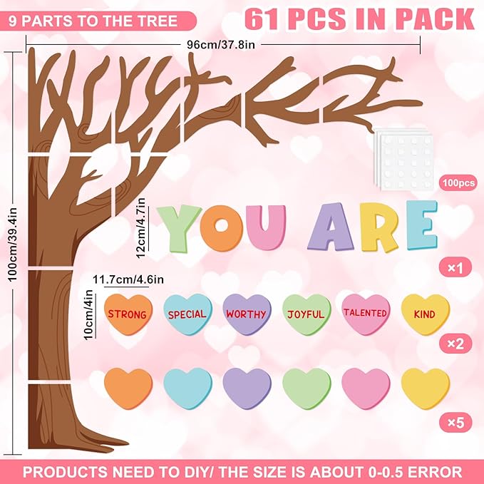 JarThenaAMCS 61Pcs Valentine's Day Classroom Bulletin Board Set Classroom Decoration Conversation Candy Heart Tree Cutout with Glue Points for School Wall Door Decor Party Supplies
