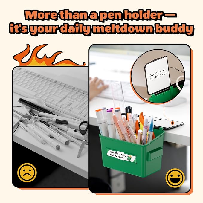 Dumpster Fire Desk Accessories For Standing Desk - Fun Office Gag Gifts & White Elephant Gifts with 10 Affirmation Cards, Pen Holder Clamp & Magnet