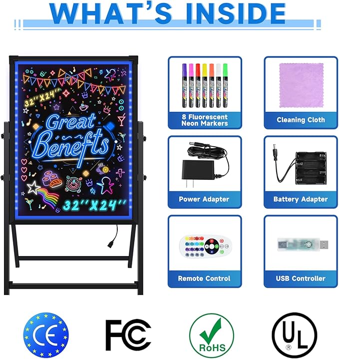 Hosim Standing A-Frame LED Message Writing Board, 32”x 24" Illuminated Erasable Neon Restaurant Menu Sign Board with 8 Colors Markers & 16 Lighting Colors DIY Chalkboard Light Up Sign