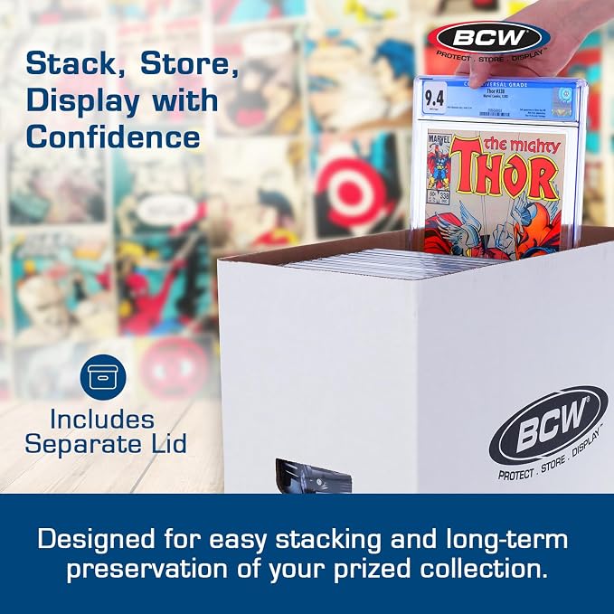 BCW Graded Comic Book Storage Box - 5 Pack | Durable White Corrugated Paper | Fits CGC Comics, Holds 35-40 Graded Comic Books | Double Thickness Handles & Reinforced Bottom
