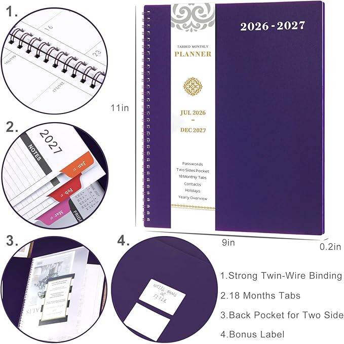 2026-2027 Monthly Planner - 18-Months Monthly Planner/Calendar 2026-2027, JUL. 2026 - DEC. 2027, 9'' x 11'', 26-27 Monthly Planner with Colorful Month Tabs - Purple
