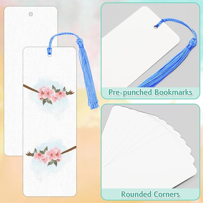 DSYIL 100 Sets Watercolor Paper Bookmarks with Tassels, Blank Book Marks Making Kit, Heavyweight Watercolor Paper Cards Bulk for Classroom Projects and DIY Craft, 5.5 x 2 Inches