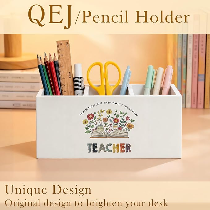 Boho Floral Teacher Pen Holder for Desk, Teacher Appreciation Gifts, Back to School Gifts for Teachers Wooden Box Pencil Pen Organizer for Home Office Desk Tabletop