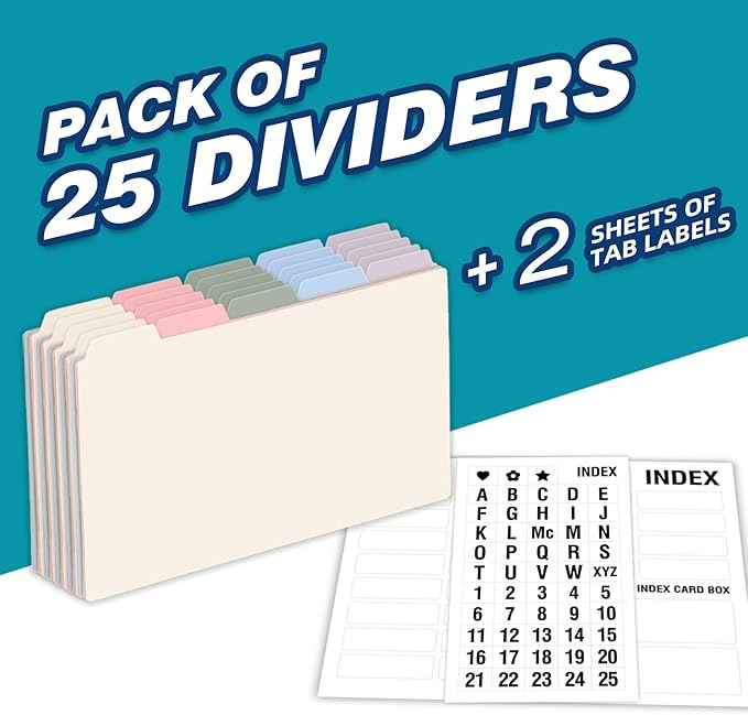 Chell 5x8 Plastic Index Card Dividers, Morandi Colors, Heavyweight Poly Index Card Guides A-Z, with Alphabetical/Blank Stickers, Pack of 50