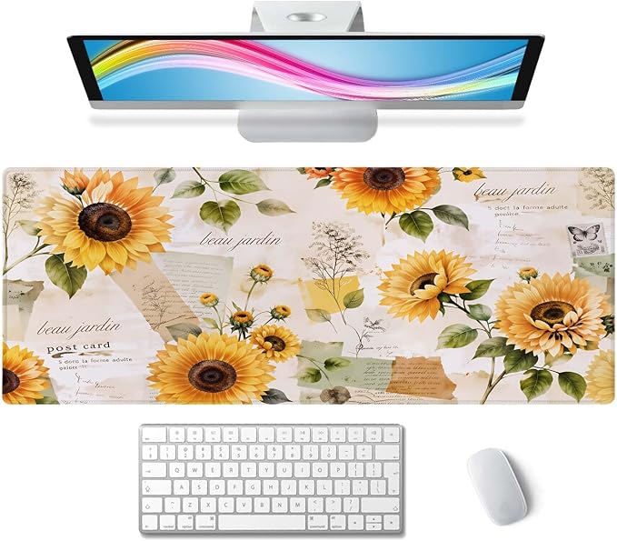 Gaming Large Mouse Pad with Stitched Edges, Vintage Sunflowers Desk Mat, Extended Keyboard Pad, Non-Slip Rubber Base Desk Pad for Keyboard and Mouse, 31.5X11.8 inch