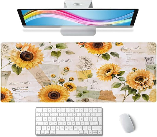 Gaming Large Mouse Pad with Stitched Edges, Vintage Sunflowers Desk Mat, Extended Keyboard Pad, Non-Slip Rubber Base Desk Pad for Keyboard and Mouse, 31.5X11.8 inch