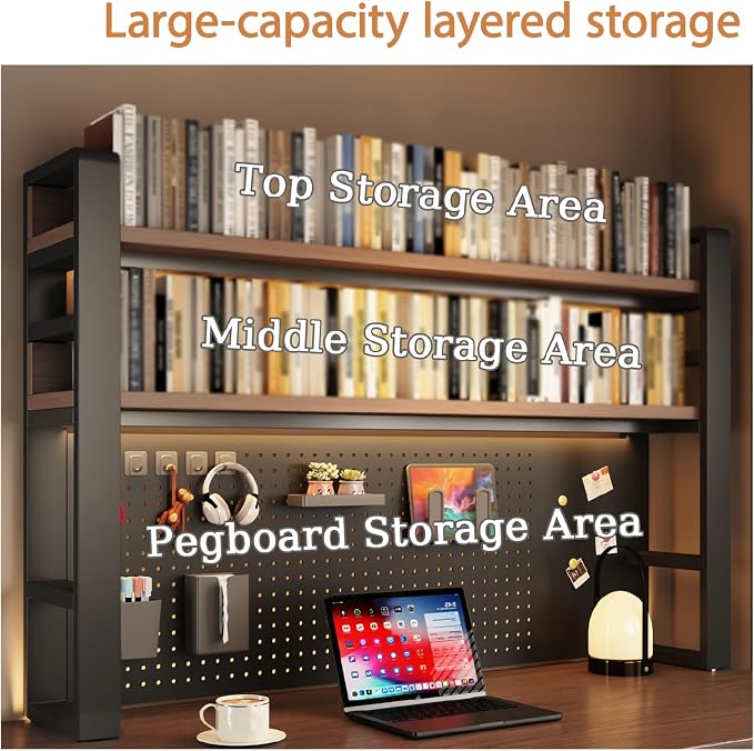 Desk Shelf Organizer for Top of Desk – Desktop Bookshelf with Pegboard & Storage Accessories, Adjustable Hutch for Dorm or Office, Steel Frame Display Shelf, No- White frame + white board 61*9.8*26in