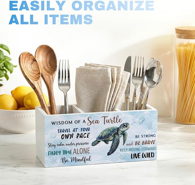 Sea Turtle Pen Pencil Holder for Office Desk Coastal Turtle Office Decor Wooden Ocean Inspirational Organizer Desktop Decor Summer Makeup Brush Toothbrush Holder Gift for Bathroom Desk Accessories