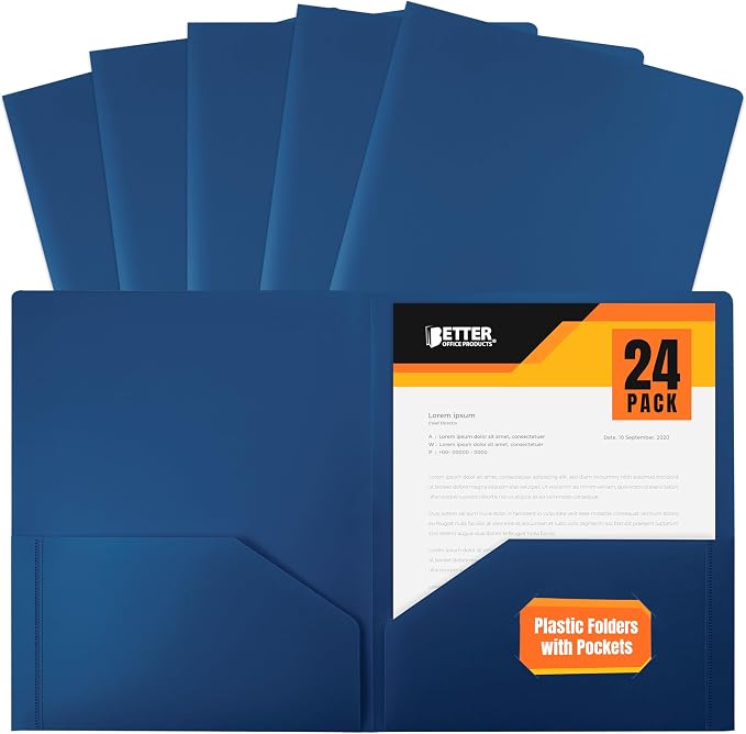Heavyweight Blue Plastic 2 Pocket Portfolio Folder, Letter Size Poly Folders by Better Office Products, 24 Pack, Royal Blue (no prongs)