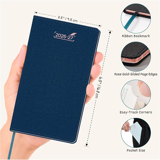 BEZEND Pocket Monthly Planner 2026 with Note Pages, Extra Thin (3.5" x 6.5") 18-Month Calendar for Purse (Jul 26 - Dec 27), Slim Palm Size, Gilded Paper Edge & PU Leather Softcover in Prussian Blue