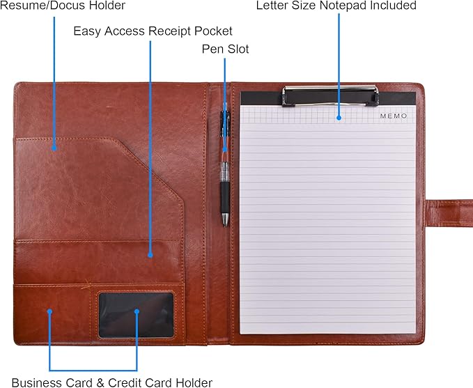 VANRA Padfolio Clipboard Folder Leather Portfolio Binder Organizer Interview Resume Folder for Papers Legal Document A4 Letter Size Writing Pad Notepad Clip Boards with Business Card Holder (Brown)