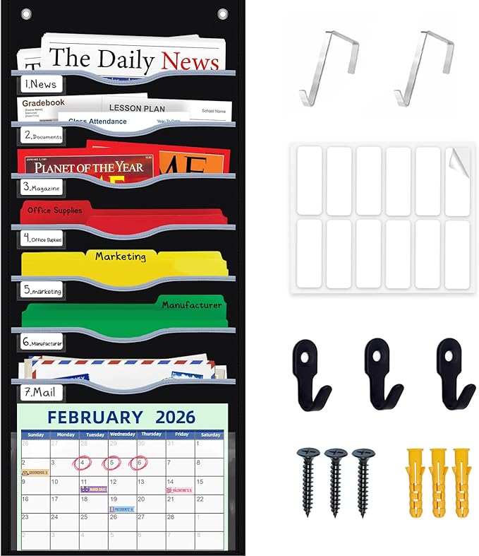 ALSLEA Hanging File Organizer 8 Pockets 15¾”W Legal/ Letter Size Paper Organizer, Pocket Chart for Classroom , Mail Organizer Wall Mounted, Over the Door Organizer with 12 Nameplate, 5 Hooks (Black)