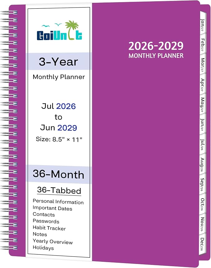 Monthly Planner 2026-2029, 36 Months Calendar Planner 2026-2029 from Jul 2026 – Jun 2029, 8.5'' x 11'' with Ruled Spread, Flexible Cover, Spiral Wirebound, Pocket, Coated Tabs, Notes ＆ Habit Tracker