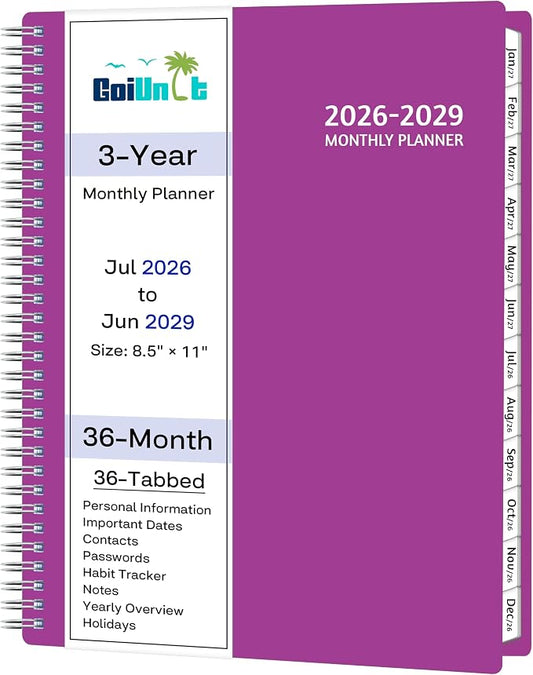 Monthly Planner 2026-2029, 36 Months Calendar Planner 2026-2029 from Jul 2026 – Jun 2029, 8.5'' x 11'' with Ruled Spread, Flexible Cover, Spiral Wirebound, Pocket, Coated Tabs, Notes ＆ Habit Tracker