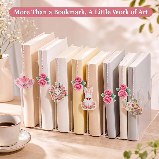 Resurhang 8 Pcs Pastels Teacup Teapot Bookmarks with Floral Design Cute Tea Bag Felt Bookmarks Gift Bulk for Mother, Tea Party Favors, Teacher, Book Lovers, Unique Gift for Women (Pink Dream)