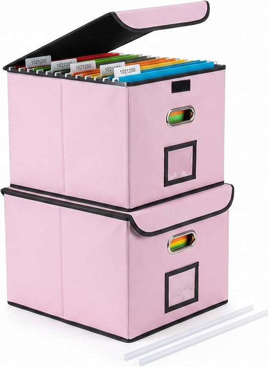 CADONO File Organizer Box with Lid, Large Hanging File Folder Organizer with Plastic Slide, Collapsible Portable Filing Storage Boxes for Office/Decor/Home (Pink, 14.9 x 12.59 x 10.8 inch, 2-Pack)